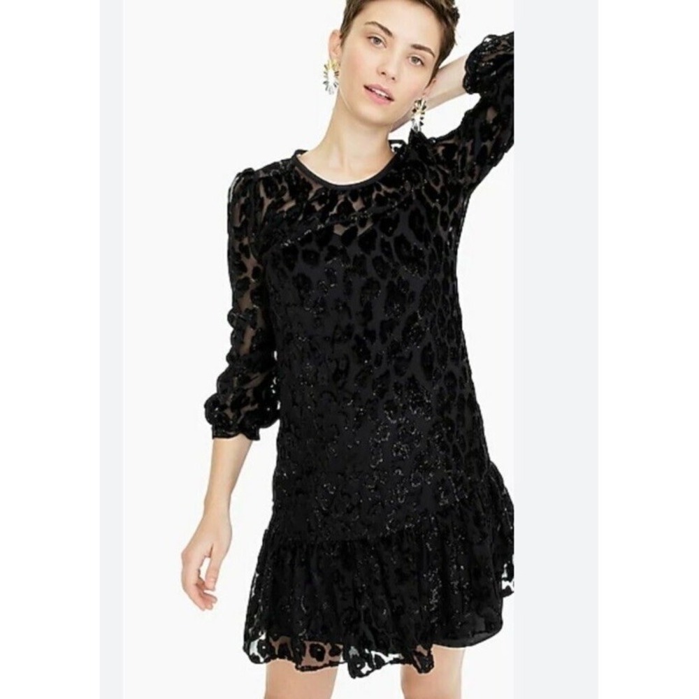 New J Crew‎ Flutter Ruffle Dress Black Velvet Burnout K2886 Elegant Dressy 8